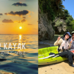 石垣島北部の穏やかな海で楽しむSUPとカヤック体験の風景。夕暮れのSUPと岩陰で休憩するカヤックの様子