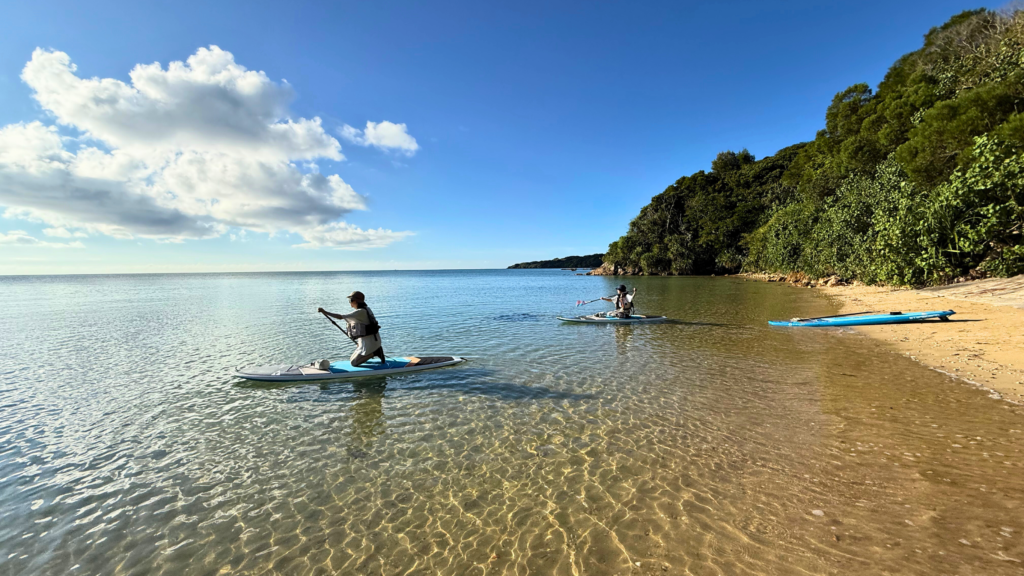 石垣島北部の遠浅の海でSUP体験する様子
