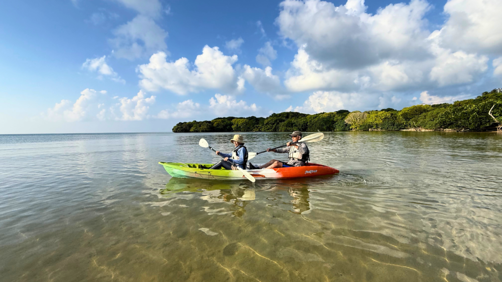石垣島北部の穏やかな海でカヤックを楽しむ参加者。水面が安定していて安心感のある体験