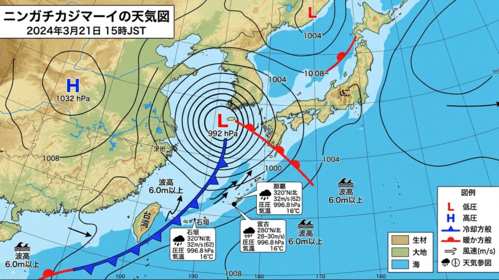 ニンガチカジマーイの気圧配置イメージ図・石垣島付近の低気圧と前線