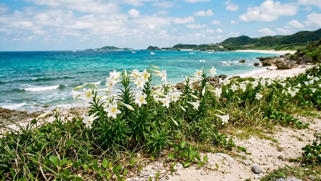 石垣島海岸沿いに咲くテッポウユリと青い海